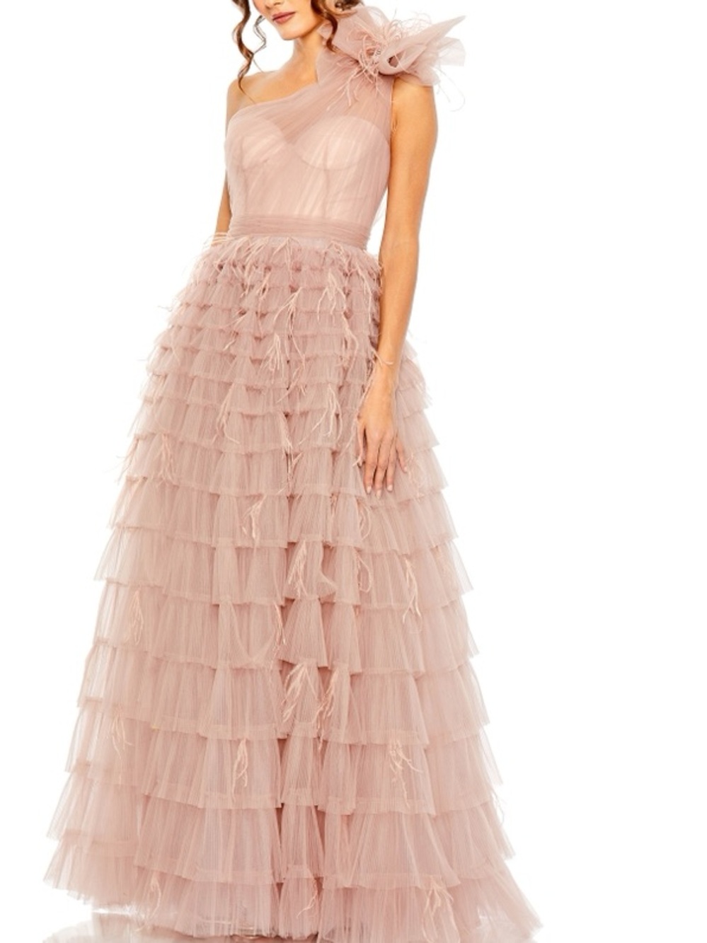 NWT Mac Duggal Sz 12 One Shoulder Faux Bow Feather Tiered A-Line Gown 20447